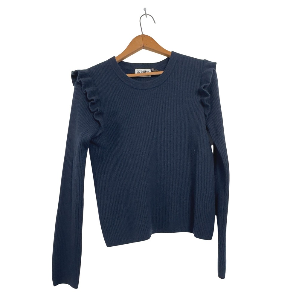 27 Miles Ruffle Shoulder Ribbed Sweater Navy Blue 100% Cashmere Small